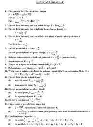 cbse class 12 phyiscs electrostatics formulae concepts for