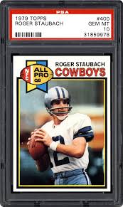 The sophomore card for roger staubach sees the pink frame replaced by a pink and orange ribbon. 1979 Topps Roger Staubach Psa Cardfacts