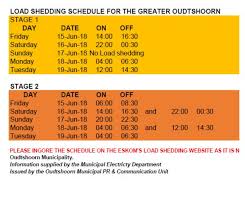 How to check your load shedding schedule this will be repeated tomorrow night. Oudtshoorn Municipality On Twitter Update Load Shedding 15 June 2018 At 16 30 Greater Oudtshoorn Load Shedding Schedule For Stages 1 And 2 The Following Schedule Will Be Applicable For The Greater Oudtshoorn