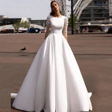 Check out our ball gown lengths today! 2020 Muslim Wedding Dresses 3 4 Sleeves Satin Ball Gown Wedding Dress Scoop Simple Long Bride Dress Vestido De Noiva Wedding Dresses Aliexpress