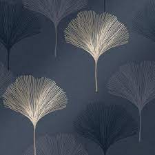 Gingko Leaf Wallpaper Navy Gold Leaf Wallpaper Feature Wall Wallpaper Gold Wallpaper