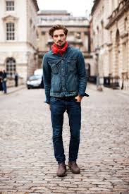 Black Jeans And Dark Brown Boots Men S Navy Denim Jacket Navy Jeans Dark Brown Leather Chelsea Boots Red Scarf Denim Jacket Fashion Men S Denim Style Menswear