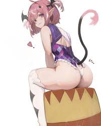 camila (vtuber), indie virtual youtuber, artist request, highres, 1girl,  :3, ahoge, ass, back, bare shoulders, blush, embarrassed, head wings,  looking back, pink hair, purple eyes, sitting, smile, tail, virtual  youtuber, white background,