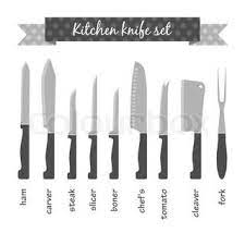 To choose a knife that is of good quality and best fits your needs, you need a basic knowledge of the various parts and construction of a knife. Full Set Flat Icons Kitchen Knives With Signature Names Vector Knife Stock Vectors Amp Clip Art Shutterstock Knife Set Kitchen Knife Kitchen Knives