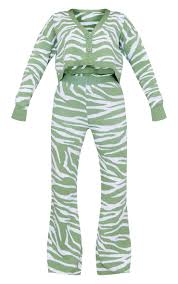 Green Zebra Knit Wide Leg Trousers Cardigan Set Prettylittlething Il