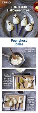 3 Ingredient Pear Ghost Lollies Recipe Creative Halloween Recipes Halloween Lollies Halloween Treats Easy
