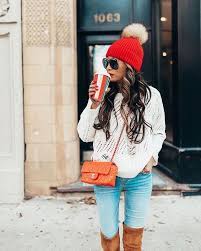 Fur Pom Hat Red Chanel Bag Outfit Ideas Outfits With Hats Winter Outfits Red Beanie Outfit Winter
