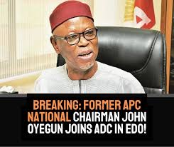 Oyegun gets ADC membership card in Edo By Adeyinka Adedipe Former national  chairman of the All Progressives Congress, John Oyegun,