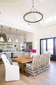 Casual Dining Room With High Vaulted Ceiling Painted Beams White Oak Hardwood Flooring With A Matte S Casual Dining Rooms Dining Room Design Dining Room Decor