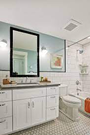 Good Example Of Tile Framed Mirror And 6x6 White Tiles Brickset With Border Bathroom Design White Shelves Bathroom Layout