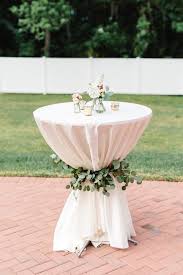Cocktail Hi Top Table With Garland Sash Blush White Garden Wedding At Luxmore Grande Estate In Orlan Wedding Ribbon Wedding Table Linens Cocktail Table Decor