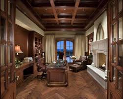 Very Masculine But I Love The Herringbone Floor And How Warm This Room Appears With The Fireplace Traditional Home Offices Cozy Home Office Home Office Design