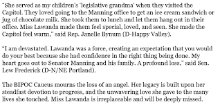 Reaction to her passing was swift. Dirk Vanderhart On Twitter Lawanda Manning A Well Known Capitol Figure And Wife Of Senate President Pro Tem James Manning Passed Away Last Night Three People Have Already Noted This To Me Today Fair