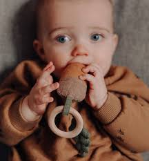 Linen Acorn Rattle: Non-toxic Wooden Teether, Neutral Nursery Decor