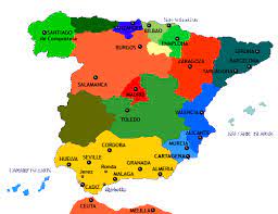 Detailed large political map of spain showing names of capital cities, towns, states, provinces and boundaries with neighbouring countries. All About Spain City Guide