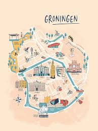 Plattegrond Stad Groningen Met Illustraties Van Karin Van Der Vegt Op Canvas Behang En Meer In 2020 Groningen Plattegrond Stad