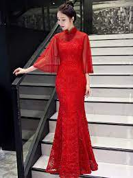 Red Lace Fishtail Qipao Cheongsam Wedding Dress With Angel Sleeve Fashion Dresses Lace Dress With Sleeves Lace Dress Vintage