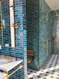 Mix Of Tile And Brass Bathroom Inspiration Teal Tile Brass Fixtures Wallfixtures Wallfixturesmarble Bright Bathroom Tile Remodel Beautiful Bathrooms
