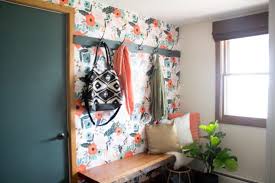 Modern Mudroom With Wallpaper Bright Green Door With over 50 ideas, from coat hooks add some flair to your mudroom with a bit of colour to not only make it modern but also super stylish. modern mudroom with wallpaper bright