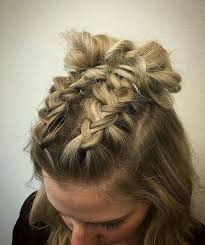 Half Up Half Down Space Bun Braid Short Hair Styles Braids For Short Hair Concert Hairstyles
