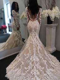 Mermaid V Neck Light Champagne Tulle Wedding Dress With Appliques S Long Sleeve Wedding Dress Lace Mermaid Wedding Dress Long Sleeve Lace Mermaid Wedding Dress