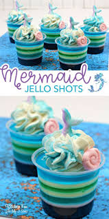 These Mermaid Jello Shots Will Be Such A Fun Addition To Your Next Party Layered With Colorful Coconut Rum Jello Jello Shot Recipes Shot Recipes Jello Recipes