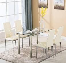 5 Piece Dining Table Set 4 Chairs Glass Metal Kitchen Room Breakfast Furniture For 4 Family 0 Round Dining Room Sets Glass Dining Table Set Modern Dining Room