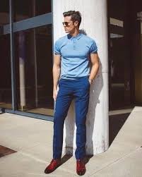 Reach For A Light Blue Polo And Navy Dress Pants If You Re Going For A Neat Stylish Look Elevate This Ense Mens Casual Outfits Polo Shirt Outfits Polo Outfit