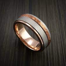 Damascus Steel 14k Gold Ring With Hammered Copper Inlay Celtic Wedding Rings Rings For Men Mens Wedding Rings