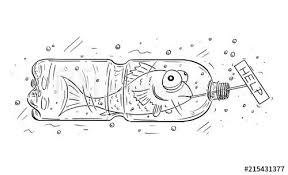 Cartoon Drawing Conceptual Illustration Of Fish Trapped In Pet Or Plastic Bottle And Holding Help Sign Concept Bottle Drawing Conceptual Illustration Drawings