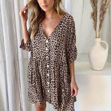 Leopard Print Short Dress Summer Ladies Button V Neck Loose Casual Dresses Party Beach Dress Mini Dress Casual Mini Dress Fashion Printed Short Dresses