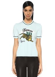 Kenzo Acik Mavi Kadin Bamboo Tiger Mavi Nakisli Triko Dokulu T Shirt 604466 Beymen Kadin Moda Stilleri Triko