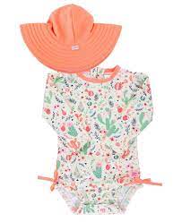 Rufflebutts Toddler Girls Long Sleeve Rash Guard Swimsuit Swim Hat Set Orange Rashguard Swimsuit Toddler Swimsuit Girl Toddler Swimsuits
