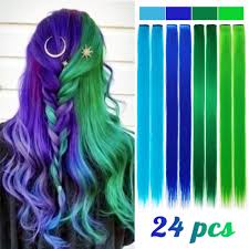 An elegant grey rounds out the palette. Amazon Com 24 Pieces Party Highlights Clip In Colored Hair Extensions Colorful Hair Extensions 20 Inches Straight Synthetic Hairpieces Blue Dark Blue Green Grass Green Beauty