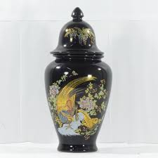 Vase Pot Couvert Noir Decor Oiseaux Label Emmaus Decoration Asiatique Objet Deco Vintage Couvert