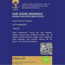Sebarkan informasi ini ke orang lain, mungkin membutuhkan! Perpanjangan Rekrutmen Tracer Dan Data Manager Covid 19 Dinkes Kota Bogor Dinas Kesehatan Kota Bogor