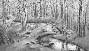 It's a very realistic sketch of wild nature and water reflection. Snow Landscapes Pencil Art Cool Pencil Drawings Winter Drawings Realistic Pencil Drawings