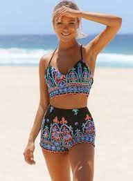 Bohemian Crop Top Shorts 2 Piece Outfits Swimsuits Crop Top Bikini Swimwear