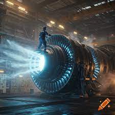 A large, dark metallic cylinder with multiple glowing circular portholes sits in a misty, industrial hangar. Photorealistic style. on Craiyon