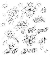 Vintage Set Of Hand Drawn Traditional Tattoo Design Elements Vector Stock Vector Traditional Tattoo Design Traditional Tattoo Drawings Flash Tattoo Designs