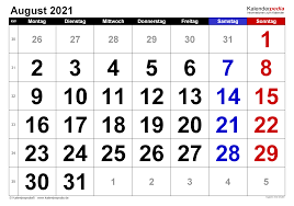 August is the eighth month of the year in the julian and gregorian calendars, and the fifth of seven months to have a length of 31 days. Kalender August 2021 Als Excel Vorlagen