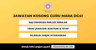 Permohonan adalah dipelawa daripada pegawai perkhidmatan pendidikan siswazah yang berkelayakan untuk mengisi jawatan pegawai perkhidmatan pendidikan siswazah gred dg41 / dg44(kup) di sekolah dalam hospital berikut: Permohonan Jawatan Kosong Guru Mara 2020 Gred Dg41