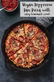 This Delicious Vegan Pepperoni Pan Pizza Is Made With An Easy Homemade Pan Pizza Dough Mouth Waterin Vegan Pepperoni Deep Dish Pizza Recipe Vegan Pizza Recipe