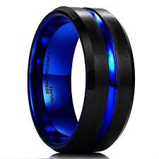 Tungsten Black And Blue Ring King Will Mens 10mm Black Matte Finish Tungsten Carbide Ring Blue Beveled Edge Wedding Band 9 5 Amazon Co Blue Rings Tungsten Carbide Rings Tungsten Carbide