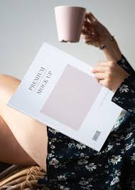 Download Premium Psd Of Woman Reading A Magazine Mockup With A Cup Of Magazine Mockup Design Mockup Free Mockup