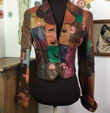 Vintage Patchwork Leather Jacket Gandalf The Wizard Floral Leather Blazer Xs Ebay Leather Blazer Leather Jacket Blue Blazer Women
