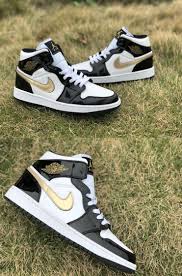 Air Jordan 1 Mid Patent Black White Gold Air Jordan 1 Mid Patent Black White Gold In 2020 Air Jordans Sneakers Jordan 1