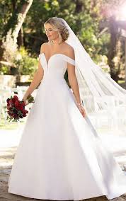 Classic Satin Ballgown With Pockets And Off The Shoulder Sleeves Essense Of A Wedding Dresses Satin Essense Of Australia Wedding Dresses Bardot Wedding Dress