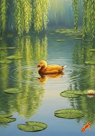 Ducks swimming in a green river surrounded by lush trees and weeping willows, with reflections on the water. on Craiyon