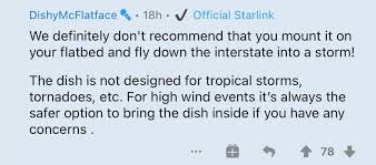 /r/starlink is for news, images/videos, and discussions related to starlink, the spacex satellite internet constellation. Michael Sheetz On Twitter The Starlink Dish Is Not Designed For Tropical Storms So For High Wind Events Users Should Bring The Dish Inside Https T Co Bll15vuvex